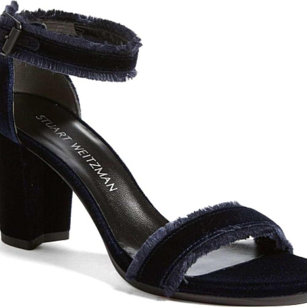 Stuart Weizmann | Navy Frayed Velvet Block Heel Sandal